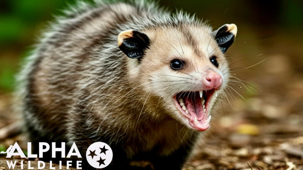Opossum hissing and showing its teeth hissing and showing its teeth