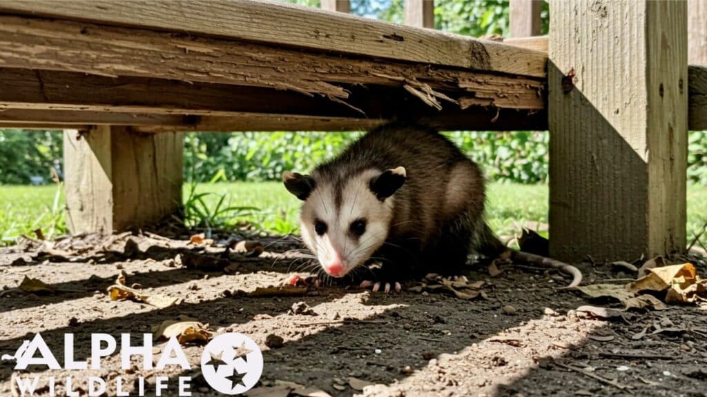opossum hiding under a deck hiding under a deck