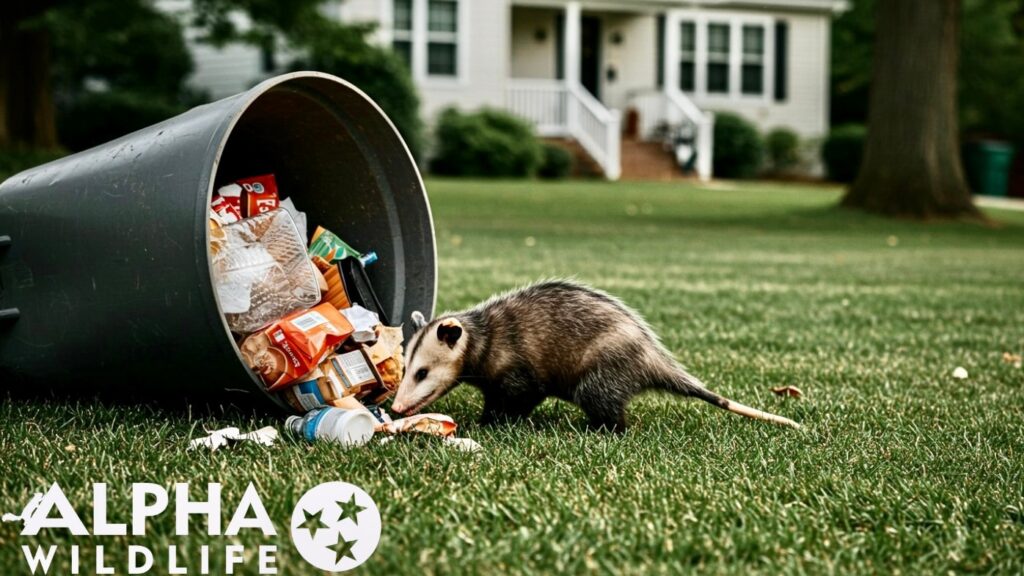 opossum in the trash can digging in the trashcan