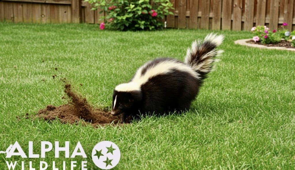Skunk digging in backyard