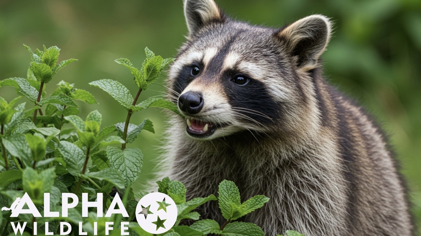 Raccoon next to mint plant