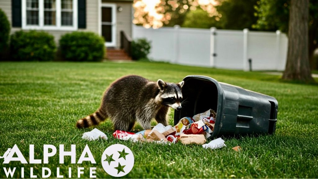 raccoon with knocked over garbage ccan