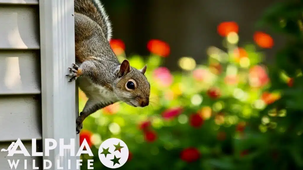 squirrel on downspout of suburban home