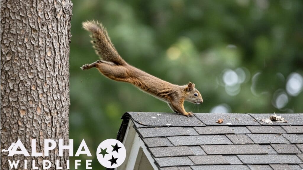 Squirrel climbing on the roof of home