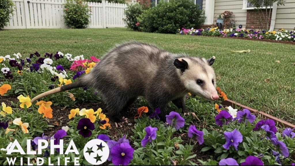 possum in flower bed