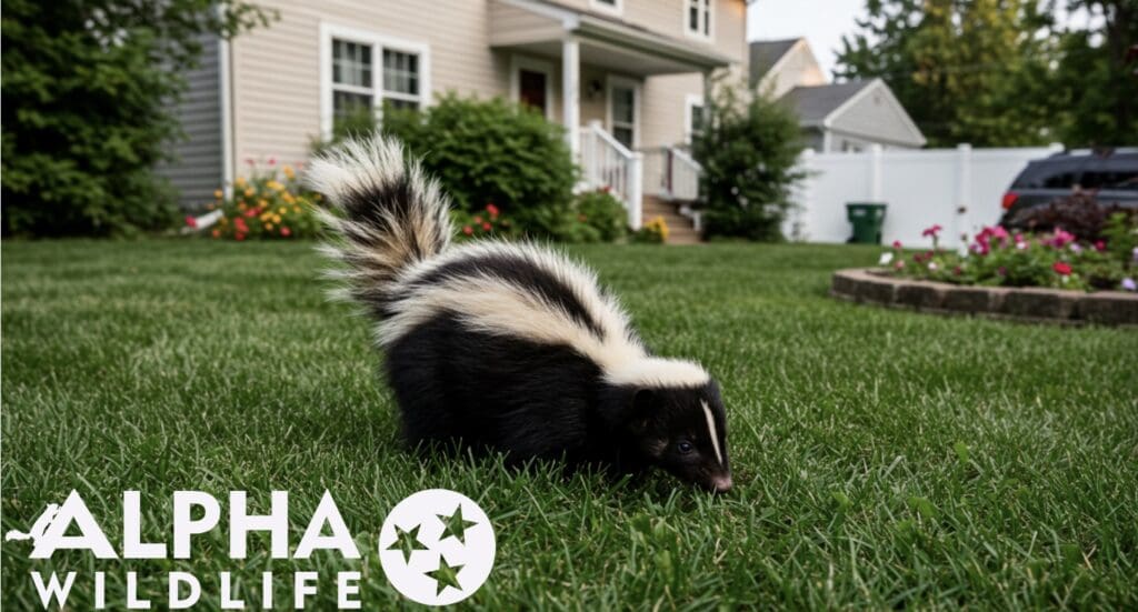 skunk in backyard of suburban house