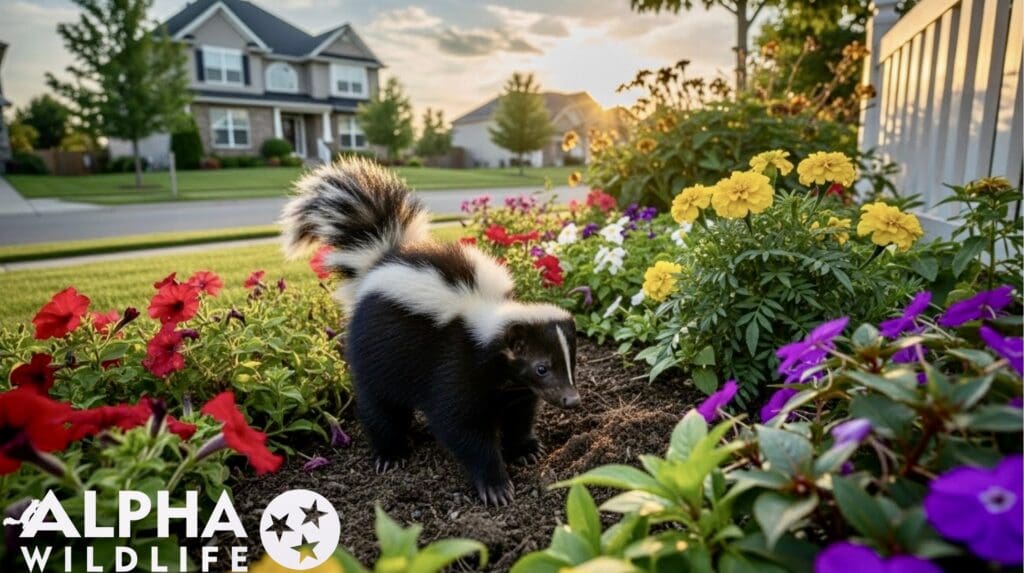 Skunk in flower bed