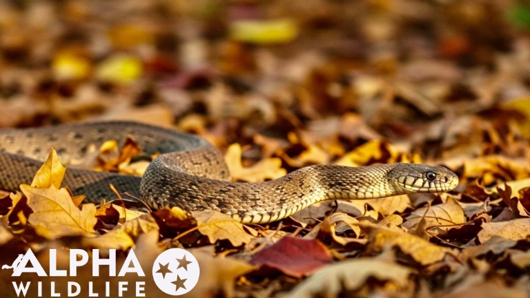 Snake hiding in leaf pile